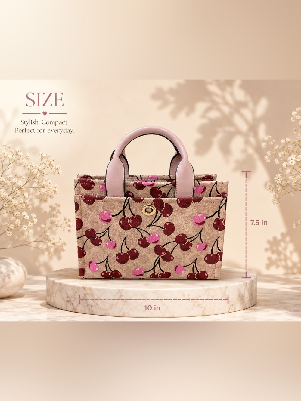 Beige Cherry-Print Tote with Pink and Burgundy Accents